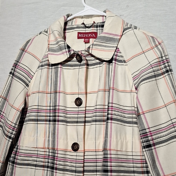 Cotton Plaid Coat, Lined, Black And Cream, Large Buttons, Merona, Sz 8, NWOT - Picture 3 of 14